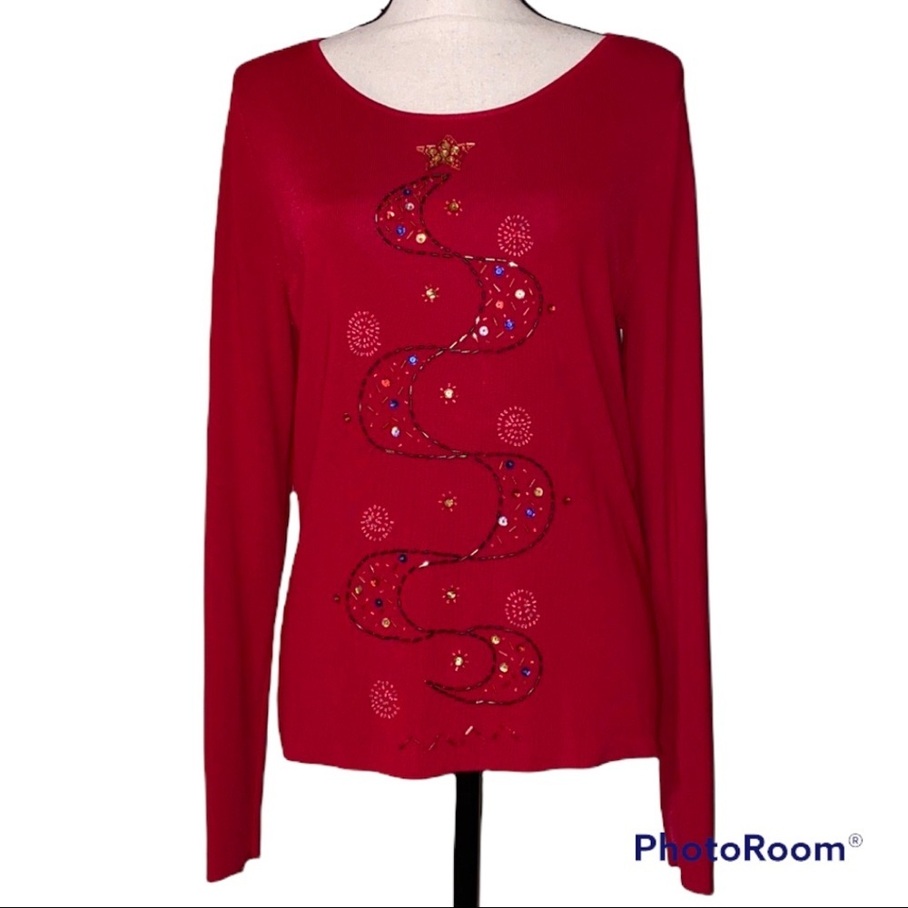 Max & Lily large red long sleeve sweater Christmas tree sequins beads holiday